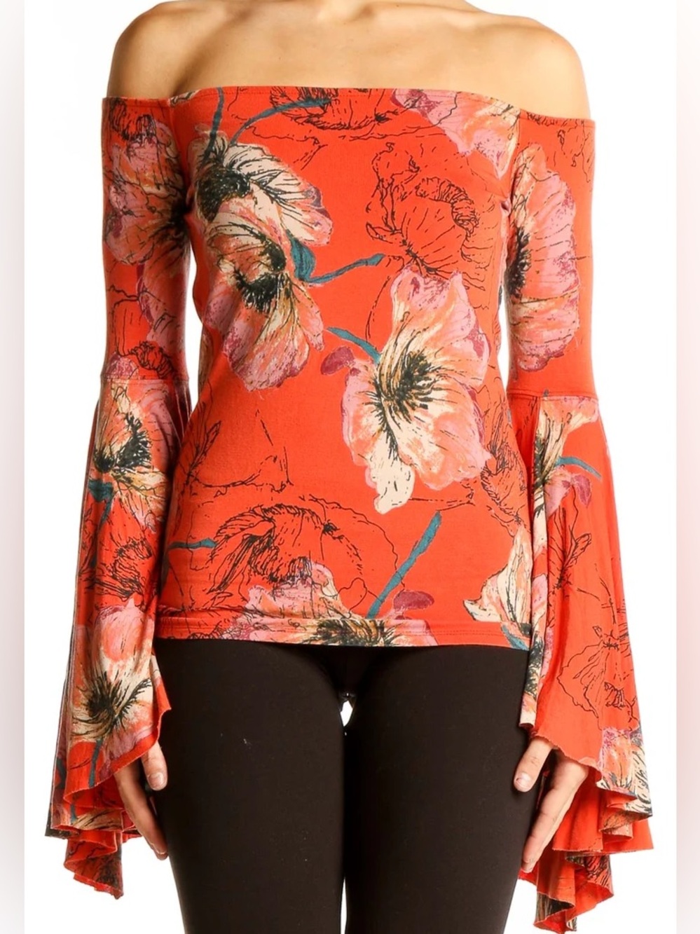 We The Free Orange Floral Off-Shoulder Bell Sleeve Top Sz XS